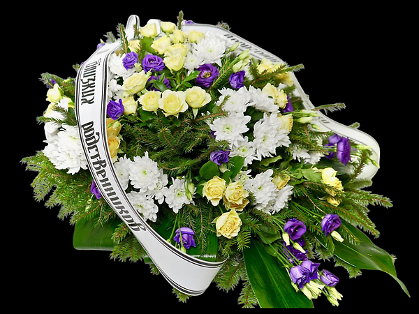 Purples, yellows and whites casket spray.