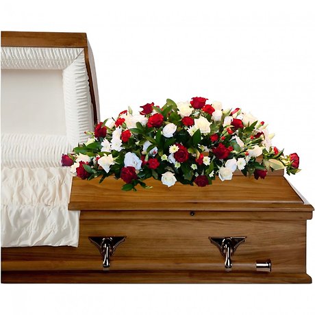 Red and white casket spray